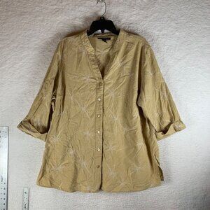 Club Z Collection Women's Yellow‎ Button Up Flower Embroidered Top LInen 1X 9751